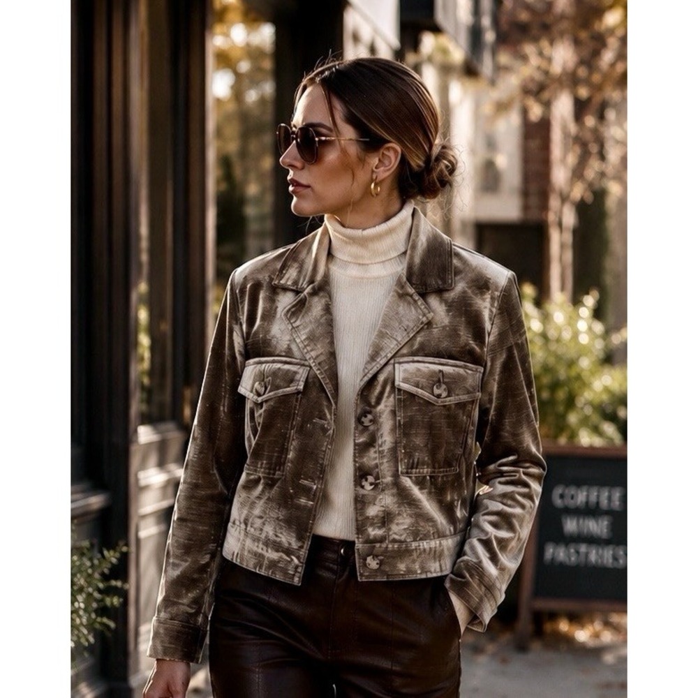 Cabi Velvet Utility Jacket M Taupe Shimmer Military Cropped Luxe Button Front - Picture 3 of 14
